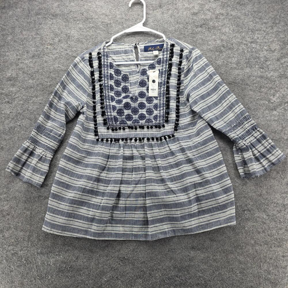 Blue Rain Blouse Womens Small Blue White Striped Embroidered Boho Tunic F17T045